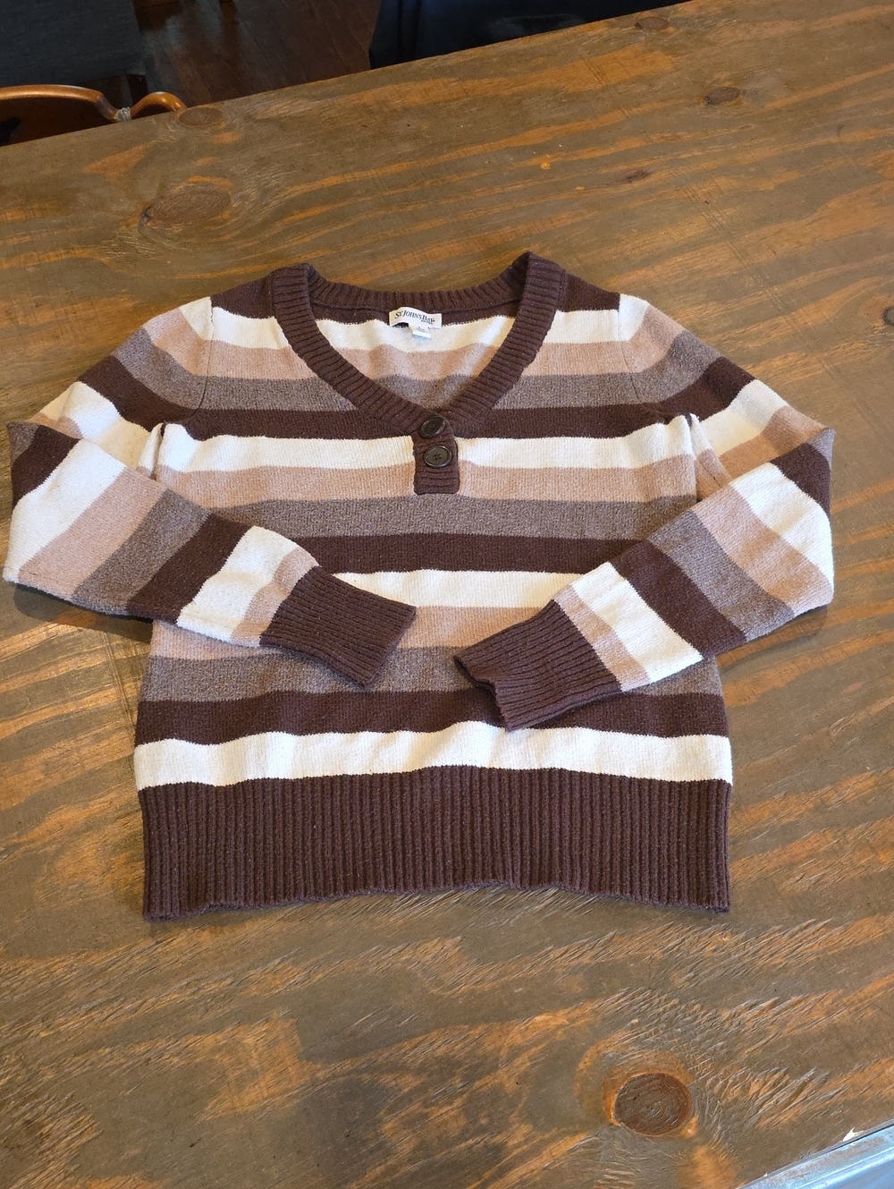 St. John's Bay Brown & Cream Striped V-Neck Button Sweater